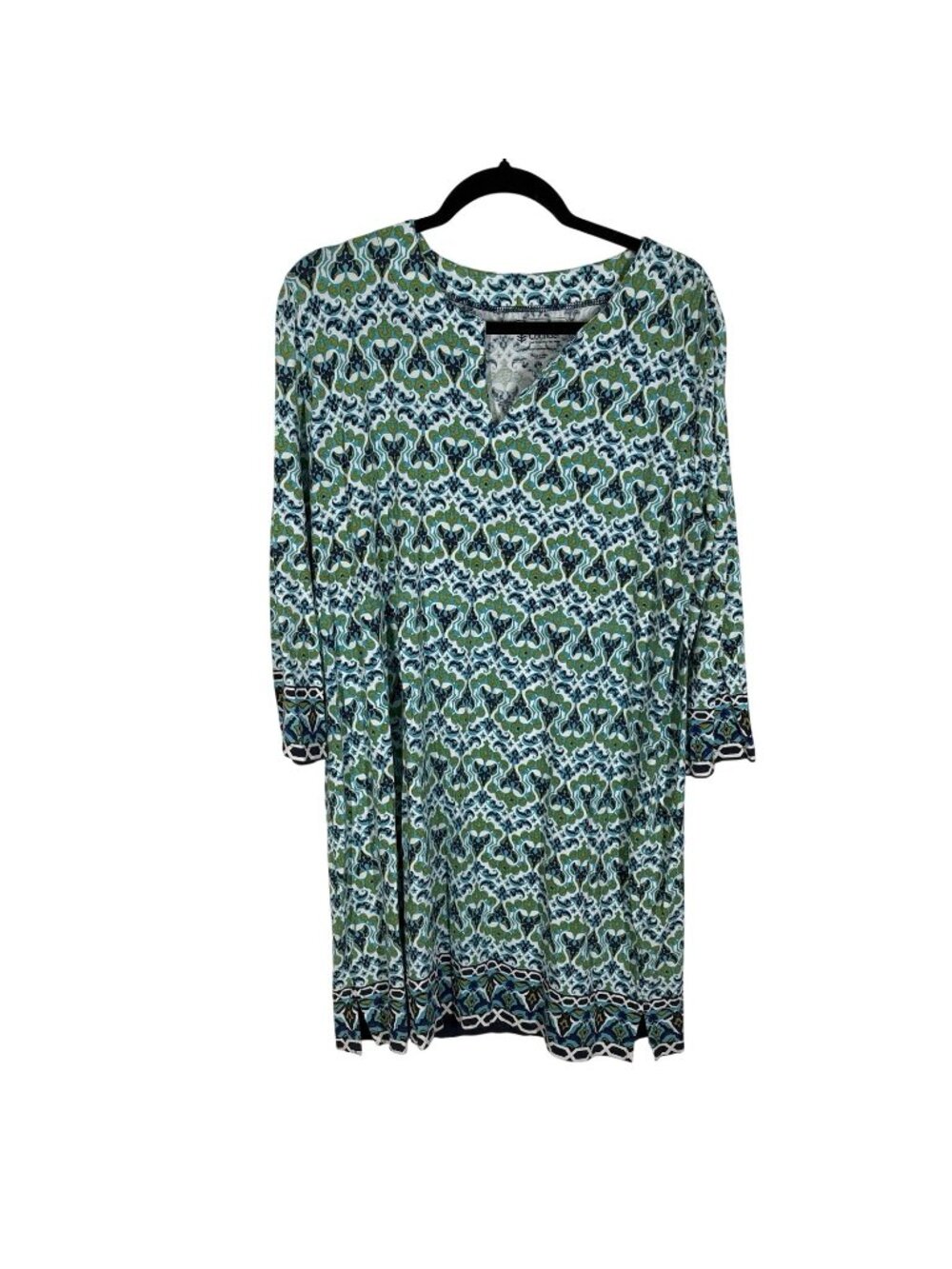 Coolibar XL Green Blue Print Boho Beach Coastal 3/4 Sleeve Oceanside Tunic Dress